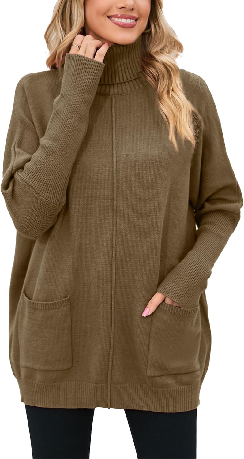 Famulily Basic Dicke Warm Herbst Winter Fledermausärmel Strick Damen Rollkragenpullover Mit Taschen