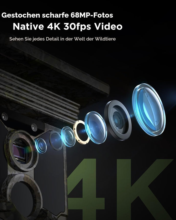 CEYOMUR Solar Wildkamera mit Handyübertragung App, 4K 68MP Wildkamera WLAN | Klare Nachtsicht, 120°