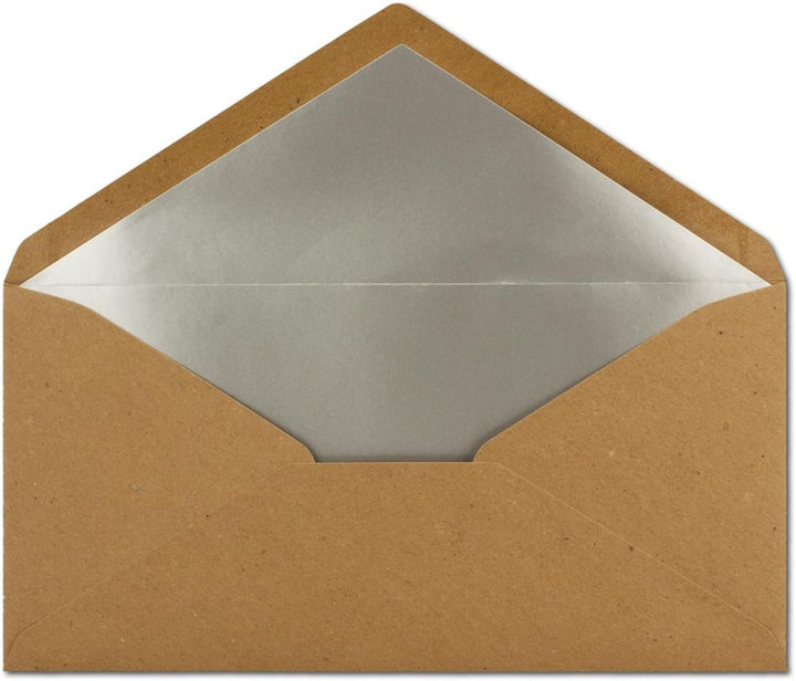 100 Brief-Umschläge DIN Lang - Vintage-Umschläge mit Silber-Metallic Innen-Futter - 110 x 220 mm - N