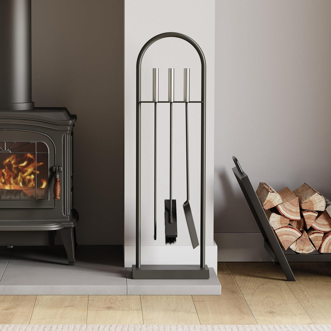 Fire Vida Arc Kaminbesteck-Set, Metall, chromfarben/Scharz, 4-teilig
