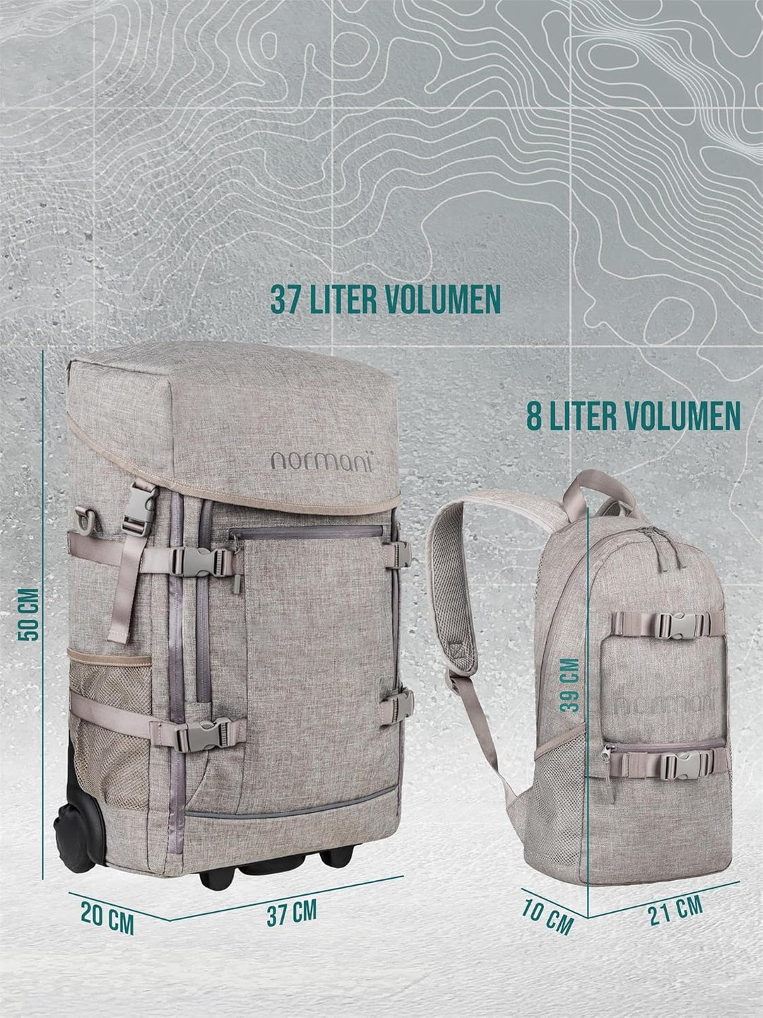 normani Reisetasche mit zusätzlichem Rucksack - Trolley und Rucksack in Einem - 37 L Reisetrolley +
