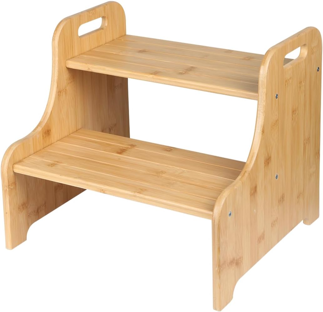 Hocker mit 2 Stufen aus Holz für Kinder, mit rutschfester Oberfläche, tragbaren Griffen, rutschfeste
