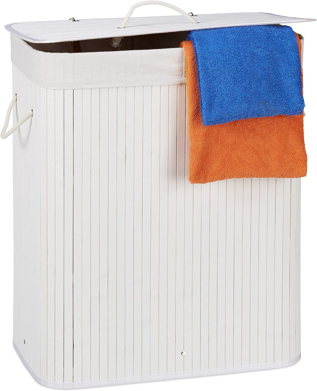 Relaxdays Wäschekorb Bambus mit Deckel, rechteckiger Wäschesammler, 2 Fächer, 95 l Volumen, faltbare