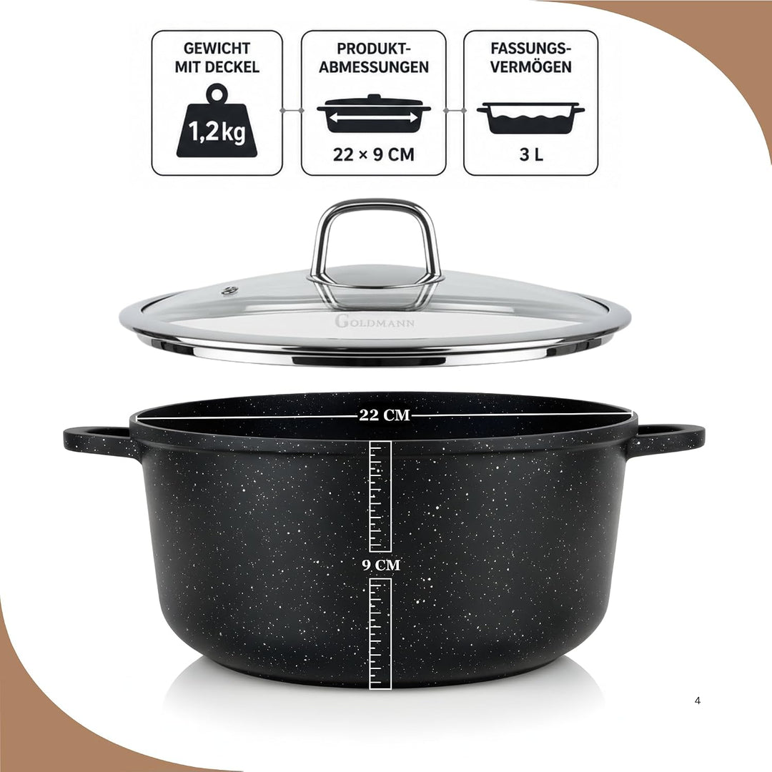 GOLDMANN Premium Gussaluminium Kochtopf 22 CM – 3L – Keramik-Marmor Antihaft-Kasserolle mit Glasdeck