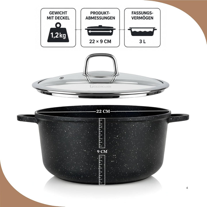GOLDMANN Premium Gussaluminium Kochtopf 22 CM – 3L – Keramik-Marmor Antihaft-Kasserolle mit Glasdeck