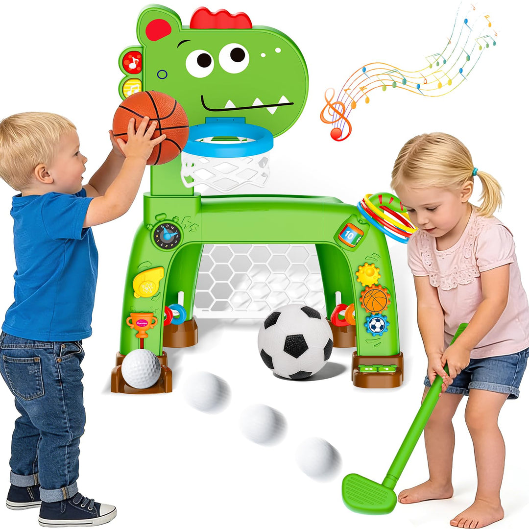 4-in-1 Basketballkorb und Fussballtor Spielzeug für Kleinkinder, Babyspielzeug mit Golfspiel und Rin