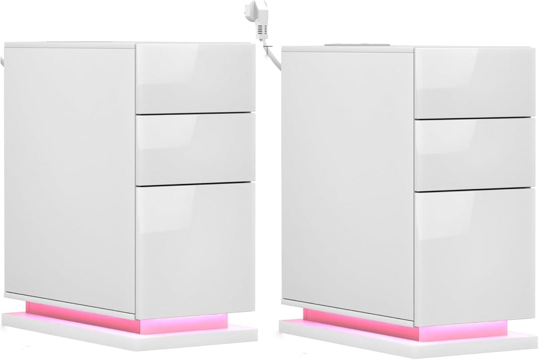 PIPIPOXER 2er Set Nachttisch LED mit Steckdose & USB, Nachttisch Weiss Hochglanz Nachtkommode mit 3