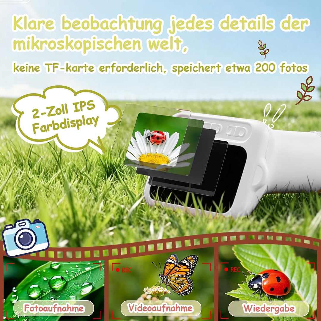Digitales Mikroskop für Kinder 1000X, Abenteurer Mikroskop für Kinder mit 2 Zoll HD-Bildschirm, 8 LE