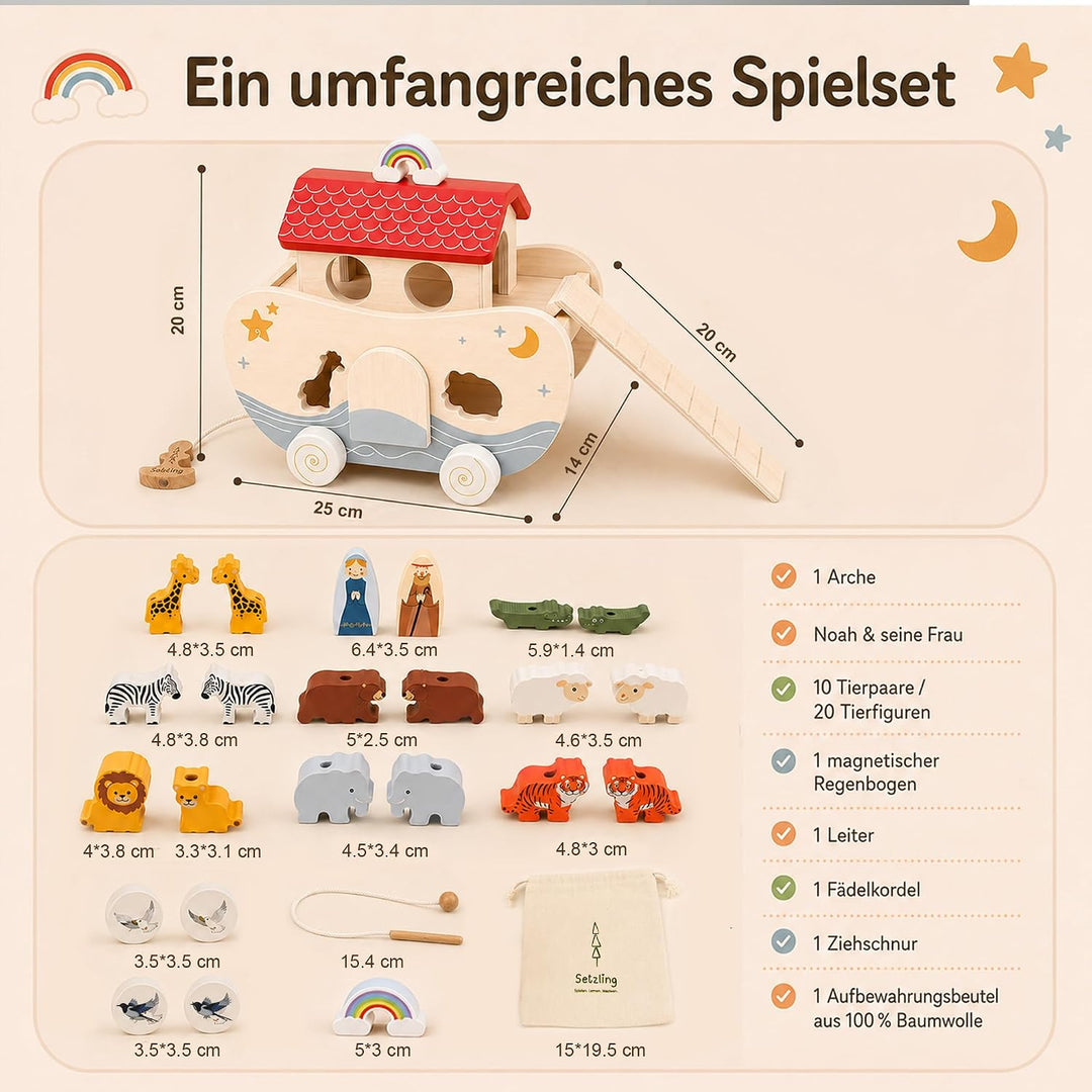 Arche Noah Holz, Montessori Spielzeug und Taufgeschenk ab 1 Jahr | Liebevolles Taufgeschenk: Arche N