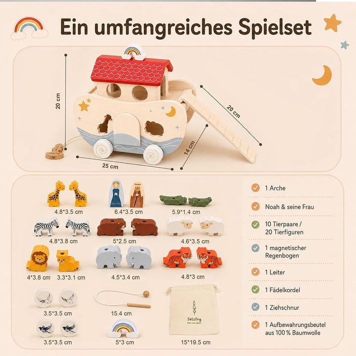Arche Noah Holz, Montessori Spielzeug und Taufgeschenk ab 1 Jahr | Liebevolles Taufgeschenk: Arche N