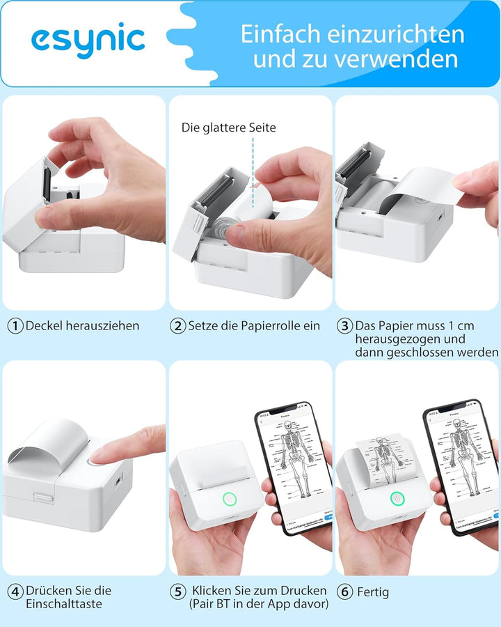 eSynic Tragbarer Mini-Drucker, kompatibel mit Android und iOS, Thermodrucker ohne Tinte oder Toner,