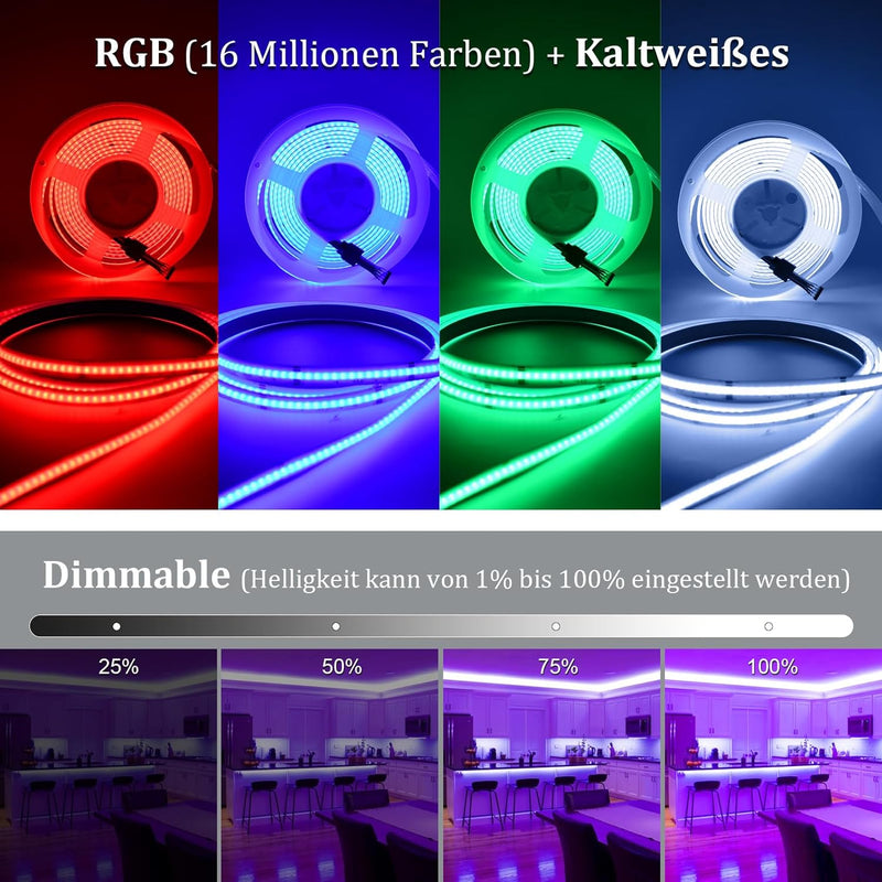 WIFI COB RGBW LED Streifen Alexa, 24V 5M RGB+Kaltweisses COB LED Strip LED Band Dimmbar, 784LEDs/M,