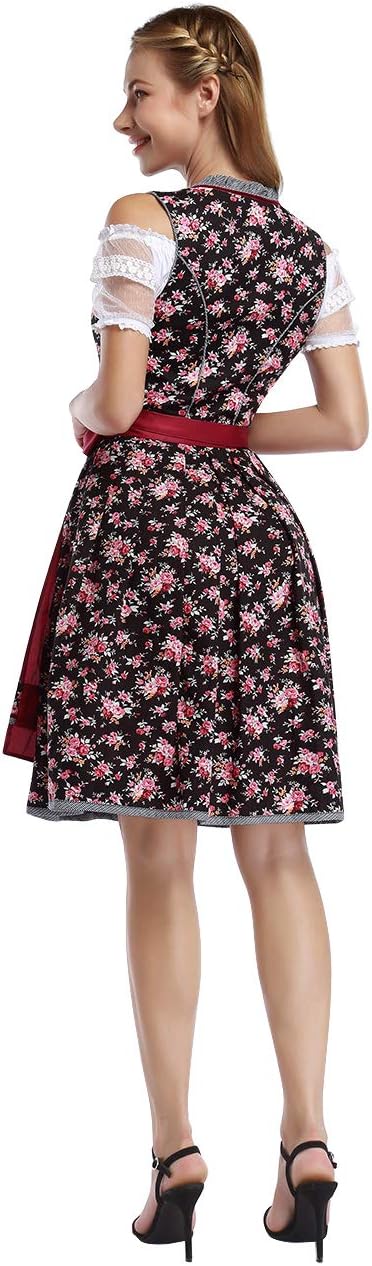 KOJOOIN Trachtenkleid Damen Dirndl Kurz Midi 3tlg. für Oktoberfest-DREI Teilig: Kleid, Bluse, Schürz