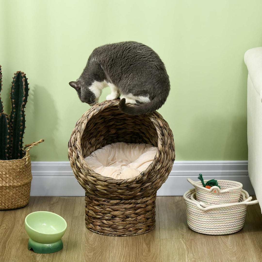 PawHut Rattan Katzenkorb Katzenhöhle Katzenhütte Katzenbett mit Kissen Haustierbett Wasserhyazinthe