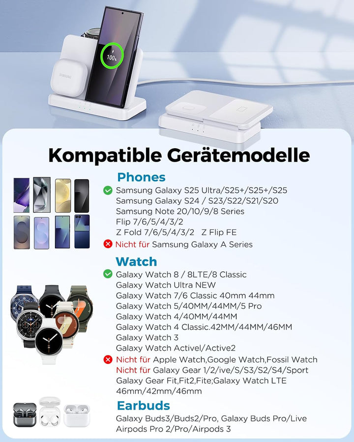 EGV Induktive Ladestation für Samsung – 3-in-1 Wireless Charger kompatibel mit Galaxy S26 Ultra/S25/