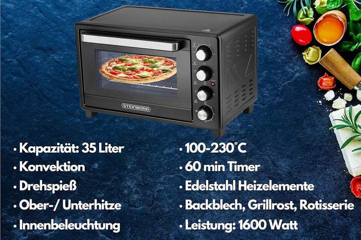 Mini Backofen 35 Liter | 1600 Watt | Pizzaofen | Innenbeleuchtung | Inkl. Backblech und Grillrost |
