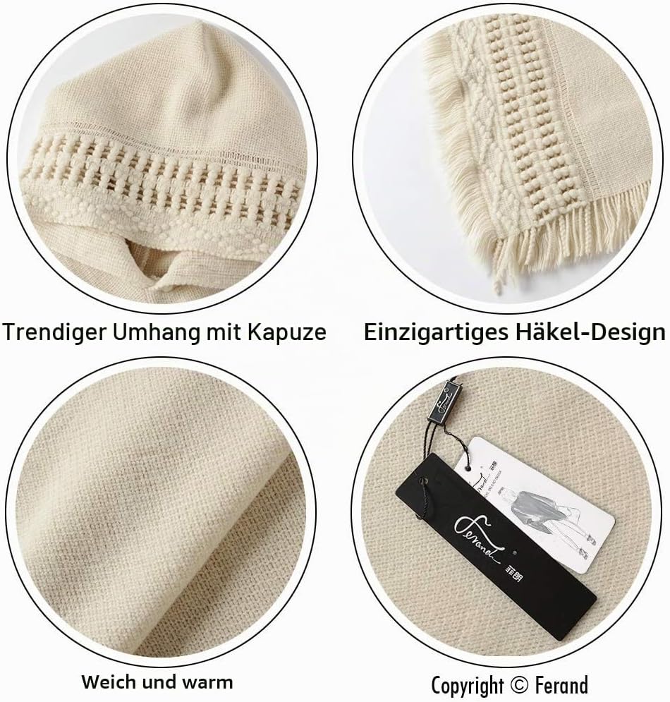 Ferand Damen Poncho mit Kapuze und gehäkeltem Cape mit Fransensaum für Herbst Winter Einheitsgrösse