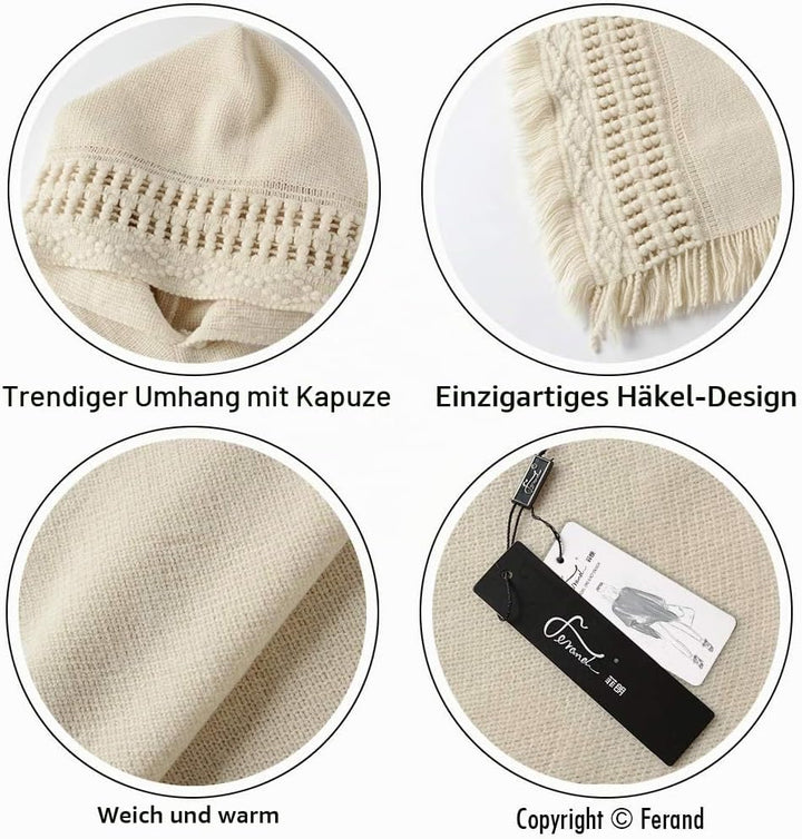 Ferand Damen Poncho mit Kapuze und gehäkeltem Cape mit Fransensaum für Herbst Winter Einheitsgrösse