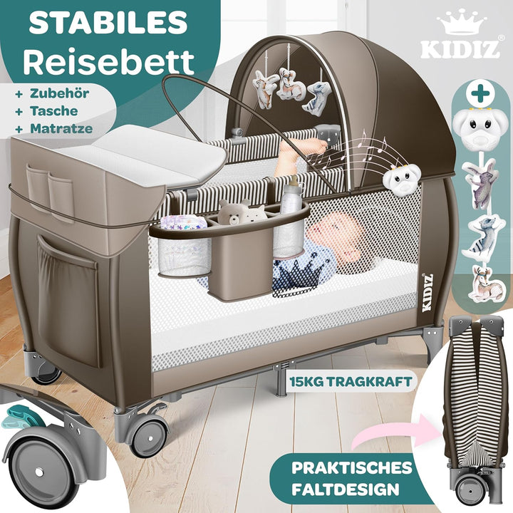 Kidiz® Babybett Reisebett Kinderreisebett klappbar mit Matratze & Räder 120x60, Seiteneingang, Wicke