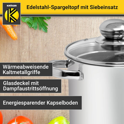 Krüger Edelstahl-Spargeltopf mit Glasdeckel und Siebeinsatz - Spargel-Kochtopf mit Deckel zum Sichtk