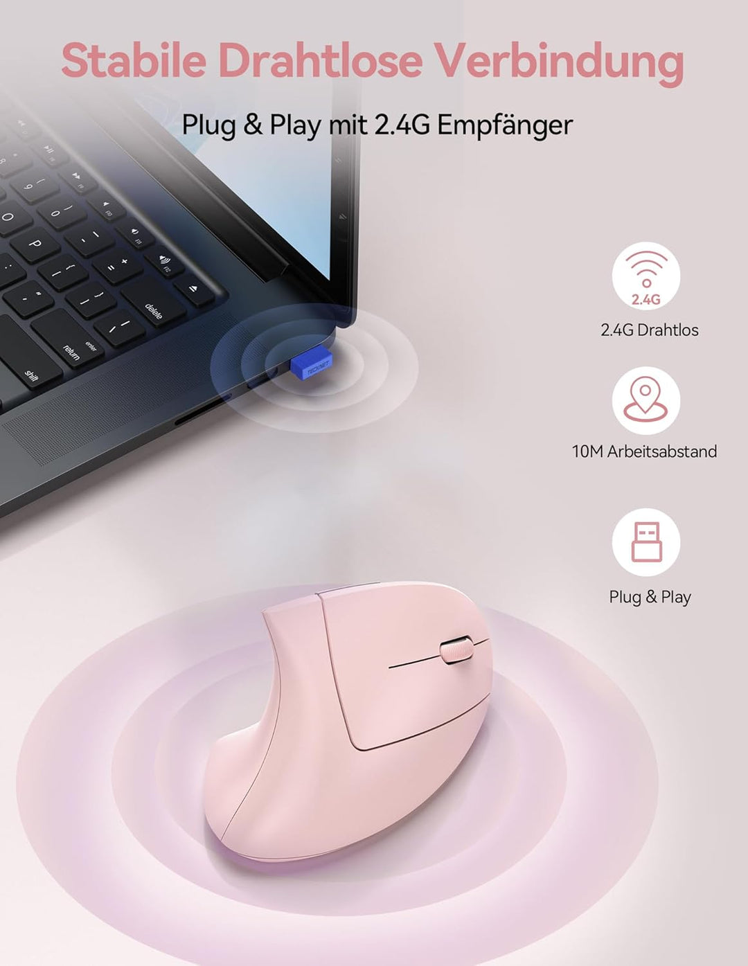 TECKNET Wiederaufladbar Ergonomische Maus Kabellos, 2.4G Optische Vertikale Maus Ergonomisch, 5 Eins