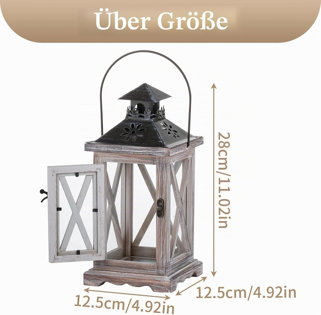 Sziqiqi Laterne Kerzenhalter Vintage Windlicht Laterne Holz Metall Dekorative Windlichthalter für Dr