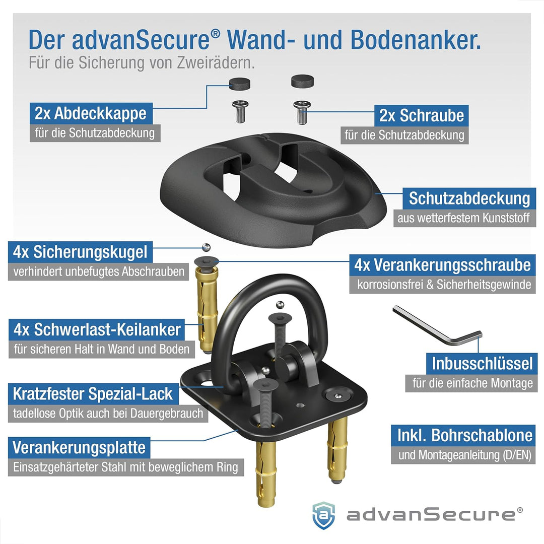 advanSecure® Wandanker Bodenanker | für E-Bike Motorrad und teure Fahrräder | für sicheres Anschlies