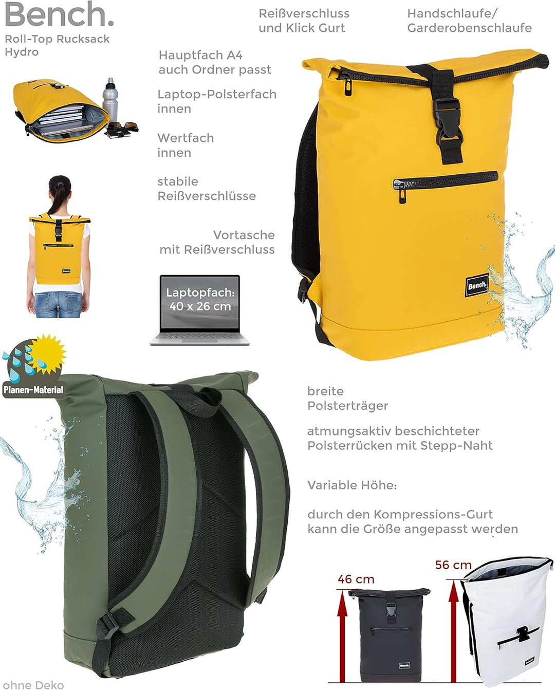 Sieber Rucksack Kurierrucksack Bench Hydro Plane Roll-Top backpack Laptoprucksack A4 wetterfest Dame