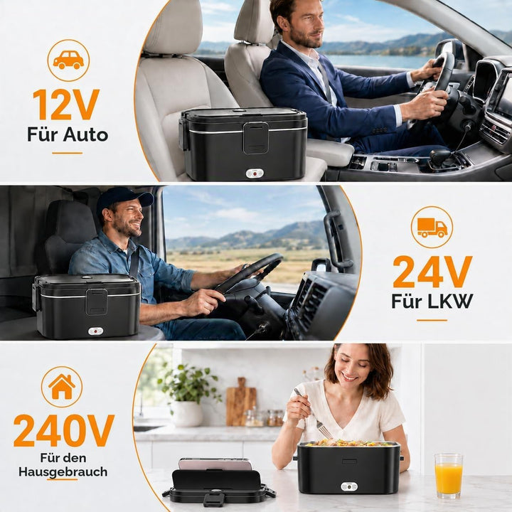 Elektrische Lunchbox 120W 1,8L 12V/24V/230V für Auto/LKW/Büro Auslaufsicher | Herausnehmbarer Edelst