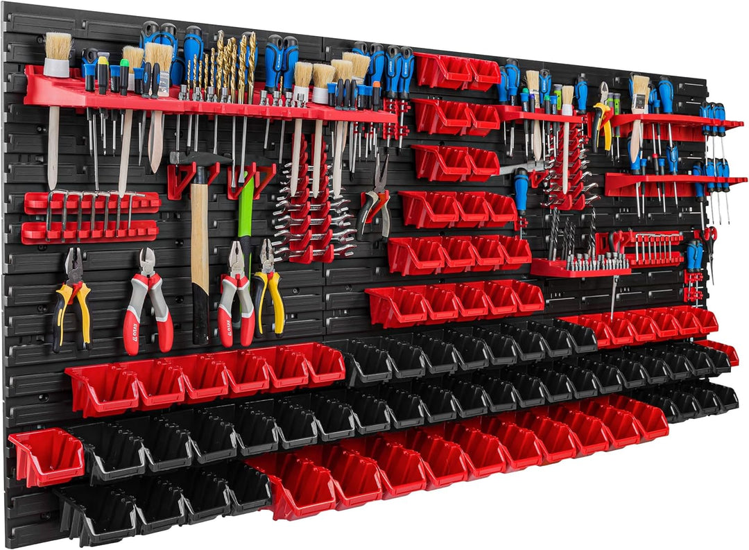 Lagersystem Werkstattregal | 172 x 78 cm | 78 stck. Box | Wandregal mit Werkzeughalterungen und Stap