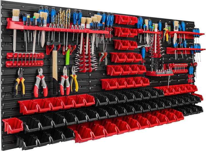 Lagersystem Werkstattregal | 172 x 78 cm | 78 stck. Box | Wandregal mit Werkzeughalterungen und Stap