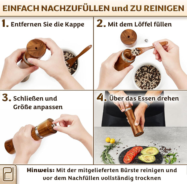 Salz- und Pfeffermühlen Set aus Akazienholz mit Tablett - 60 g pro Stück - Hohe Nachfüllbare Manuell