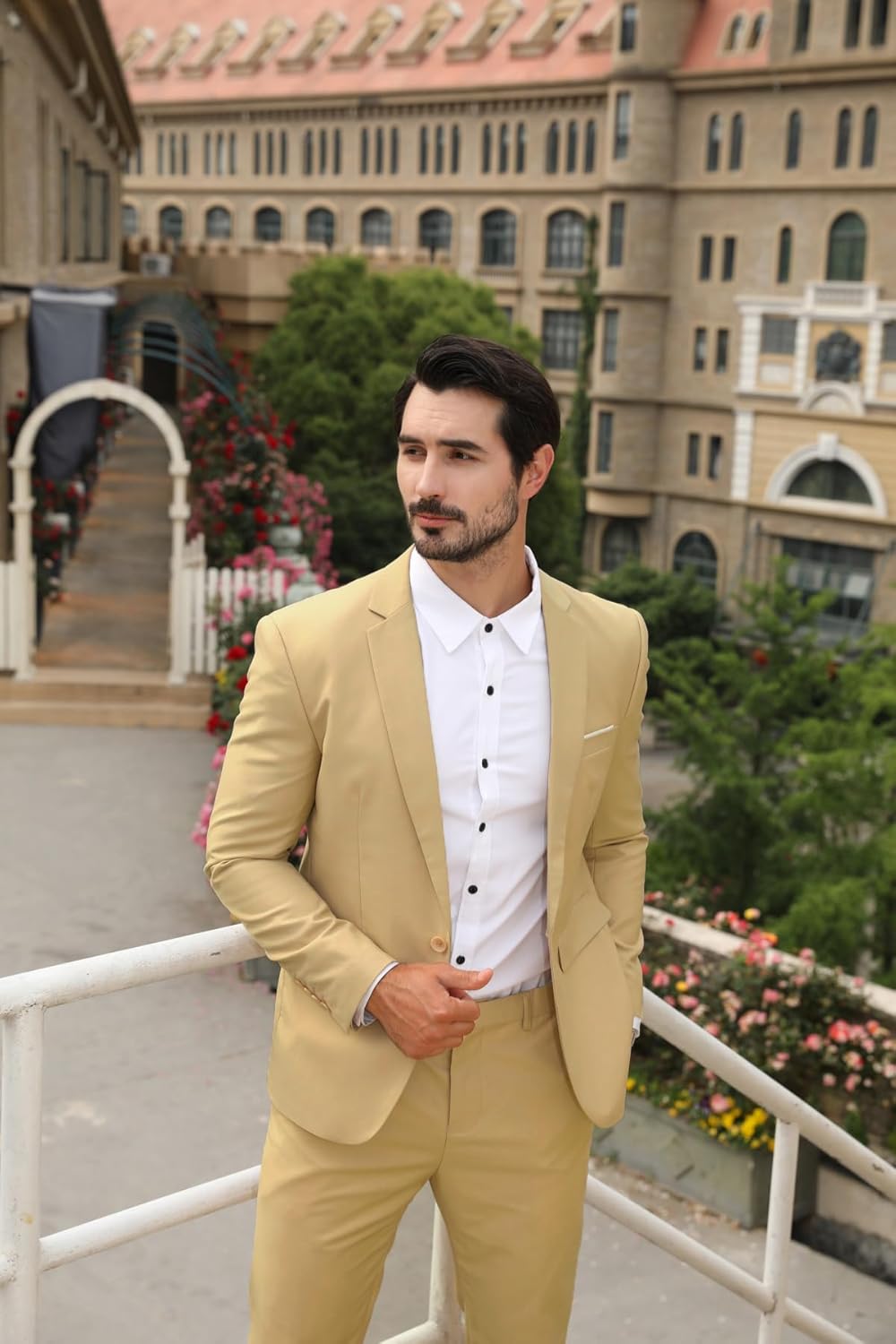 Anzug Herren Slim Fit 3 Teilig Anzüge Herrenanzug Sakko für Hochzeit Business M Beige, M Beige