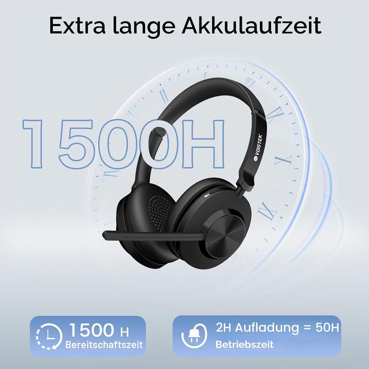 Voistek Headset mit Mikrofon Bluetooth &amp; USB Dongle, 50Std. Akku, On Ear Wireless Headset mit Mikrof