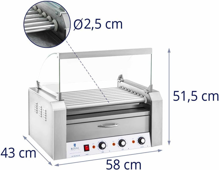 Royal Catering - Hot Dog Grill Hot Dog Maschine (9 Rollen, Edelstahl, 2.200 W, 2 Heizzonen, herausne