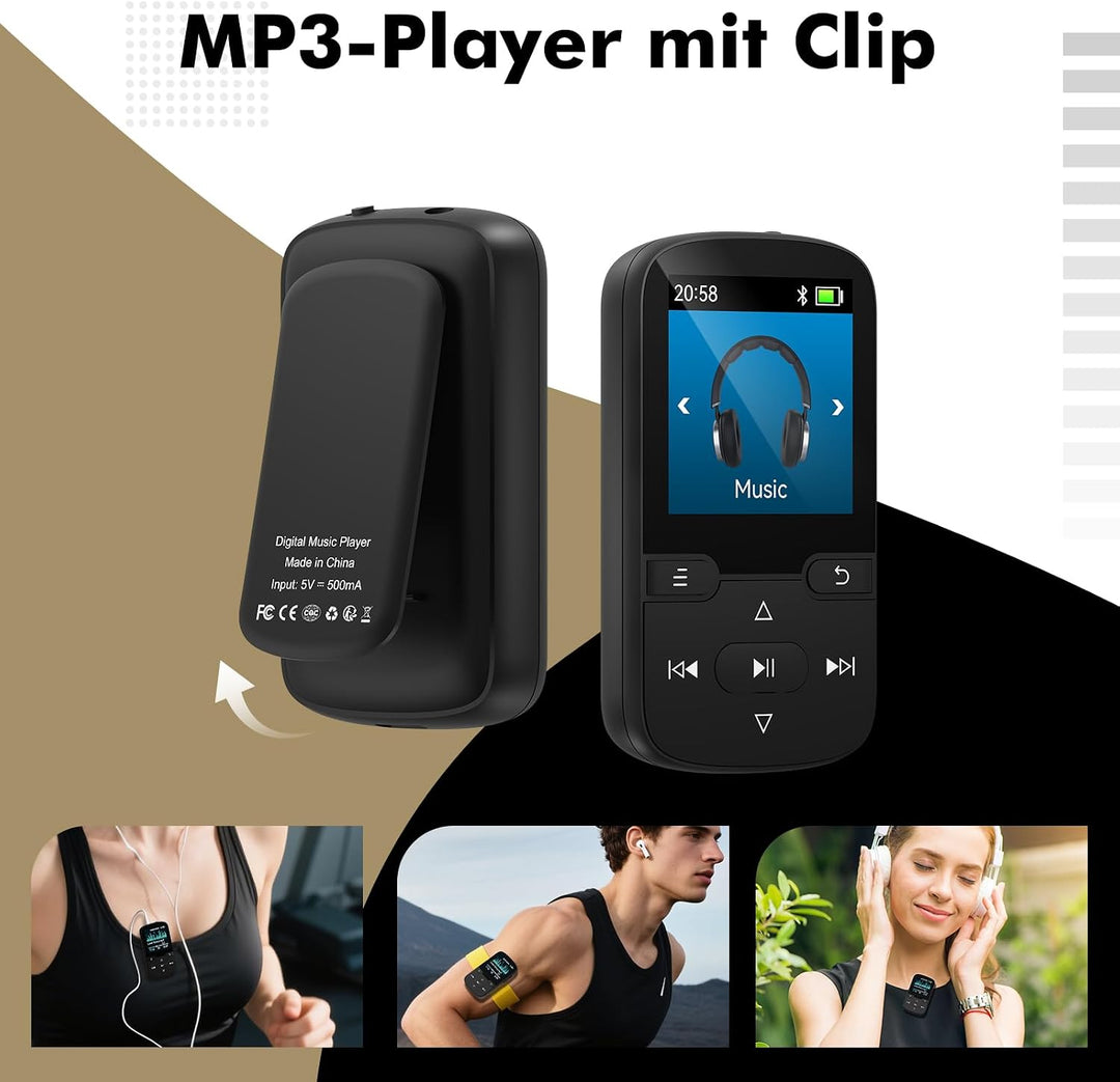64 GB MP3 Player Bluetooth 5.3 mit Clip Kinder Tragbarer HiFi-Sport-Musikplayer (28g), FM-Radio, Sch