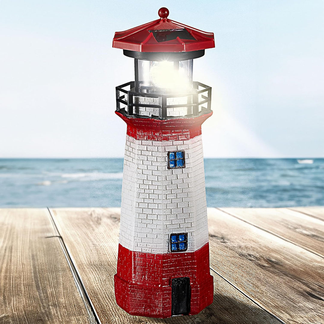 Cepewa LED Solar Leuchtturm | H28cm rot weiss | Gartendeko Leuchtfeuer Turm Leuchtfeuer Solarbeleuch