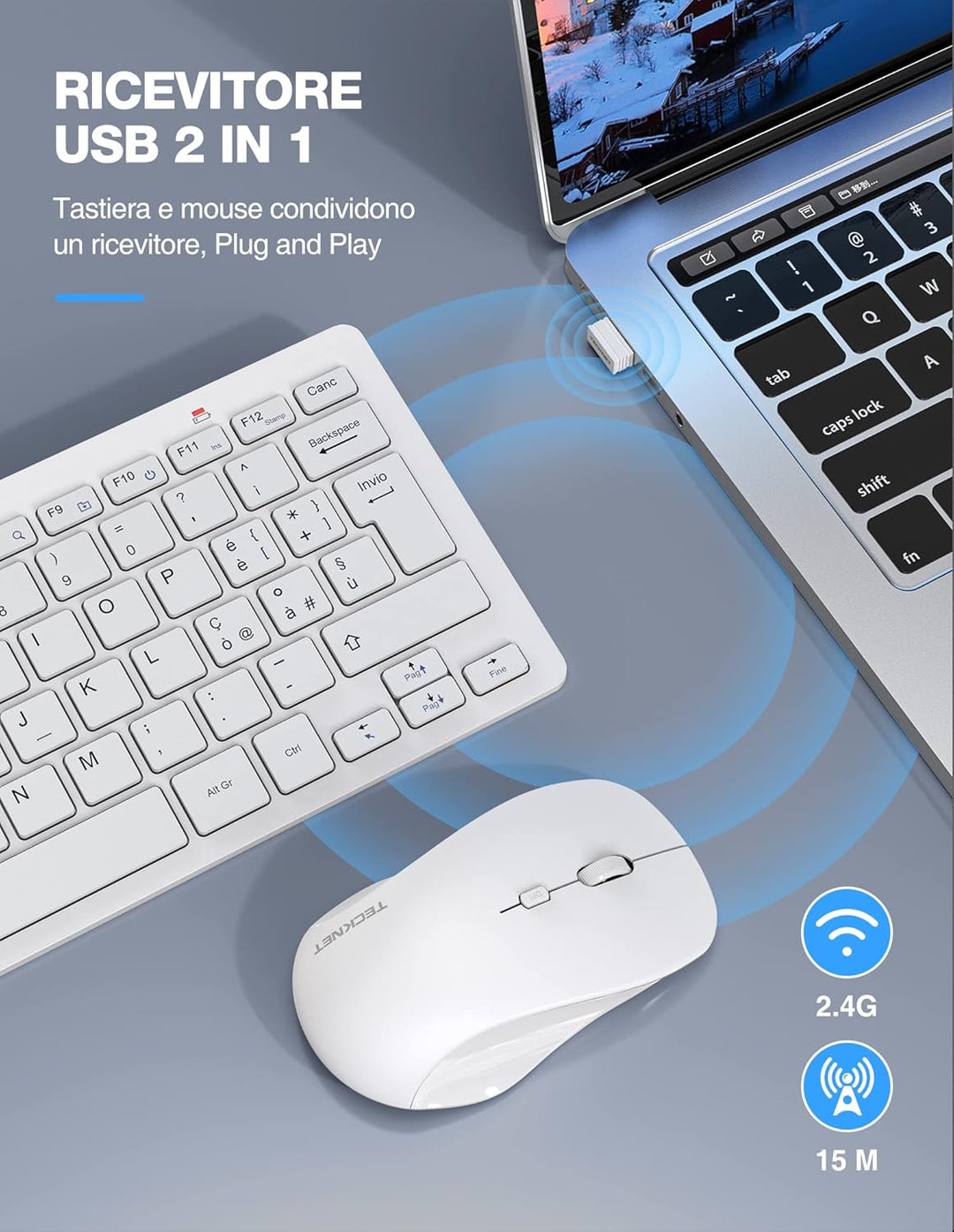 TECKNET italienisches QWERTY-Layout Kabelloses Tastatur- und Maus-Set, 2,4 G kabellose Tastatur und