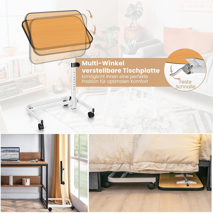 COSTWAY Betttisch auf Rollen, höhenverstellbarer Pflegetisch mit in Mehreren Winkeln neigbarer Platt