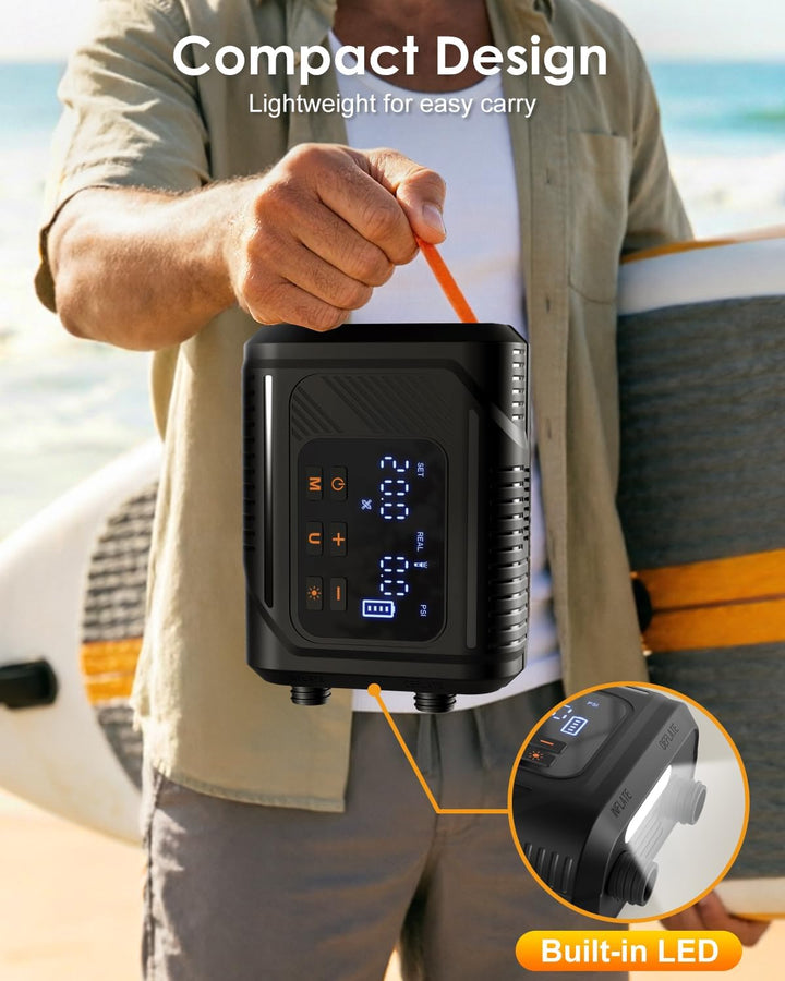 Mojimdo 2026 Premium Elektrische SUP Pumpe - 20 PSI mit Grossem Digitaldisplay & LED-Licht, 5 Modi +
