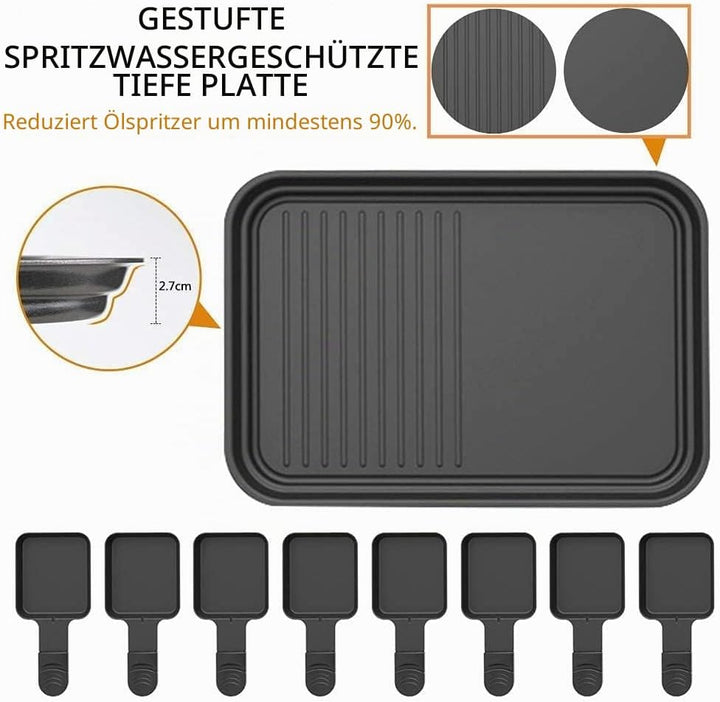 Raclette Grill 8 Personen Grillplatte Antihaftbeschichtet, Raclette mit 8 Mini Raclette Pfännchen &