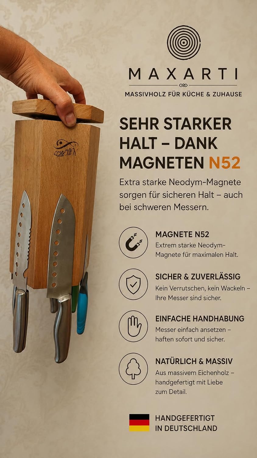 360° Drehbarer Magnetischer Messerblock Magnetisch Messerhalter aus Eichen holz mit starken Magneten