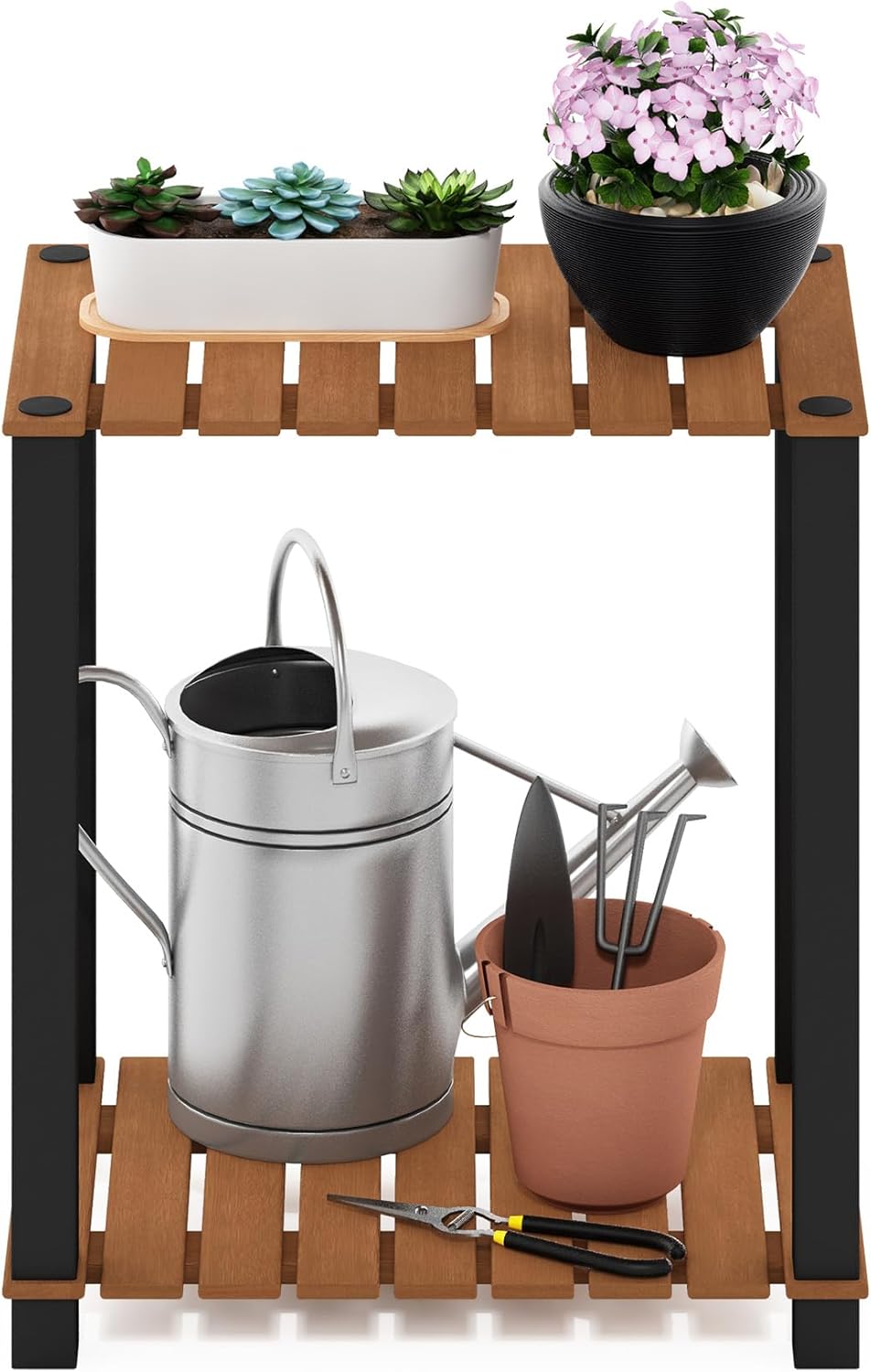 Furinno Pangkor Pflanzenregal mit 2 Ebenen, für drinnen und draussen, klein, rechteckig, Holzständer