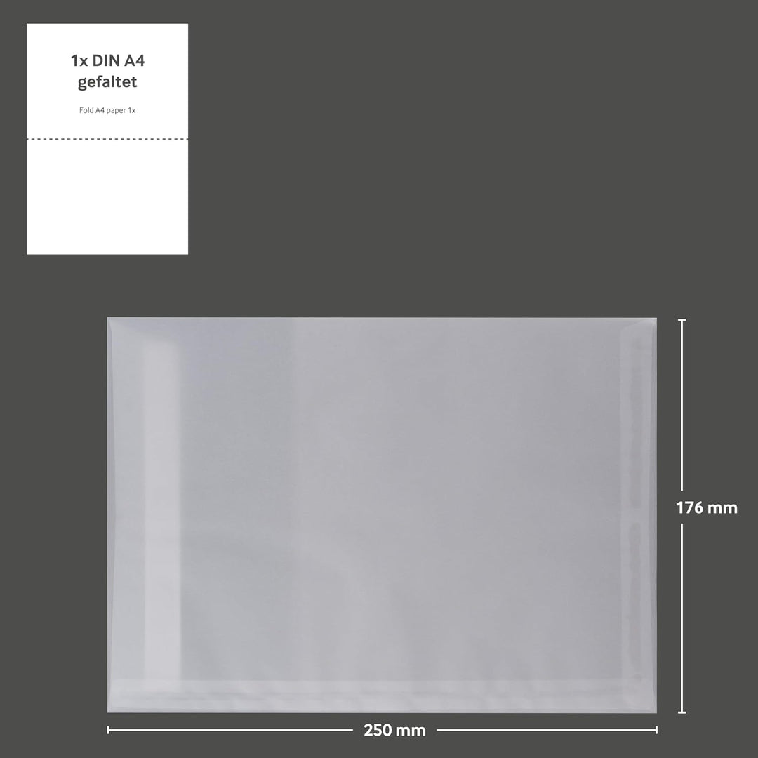 100 Stück, Transparent-Versandtaschen, DIN B5, Haftklebung mit Abziehstreifen, Gerade Klappe, 90 g/q