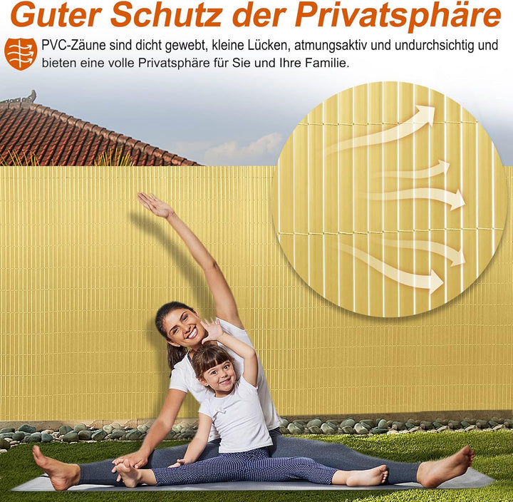 PVC Sichtschutzmatte Sichtschutzzaun 80x500CM, Bambus, Outdoor Sichtschutz mit verstärkten Lamellen,