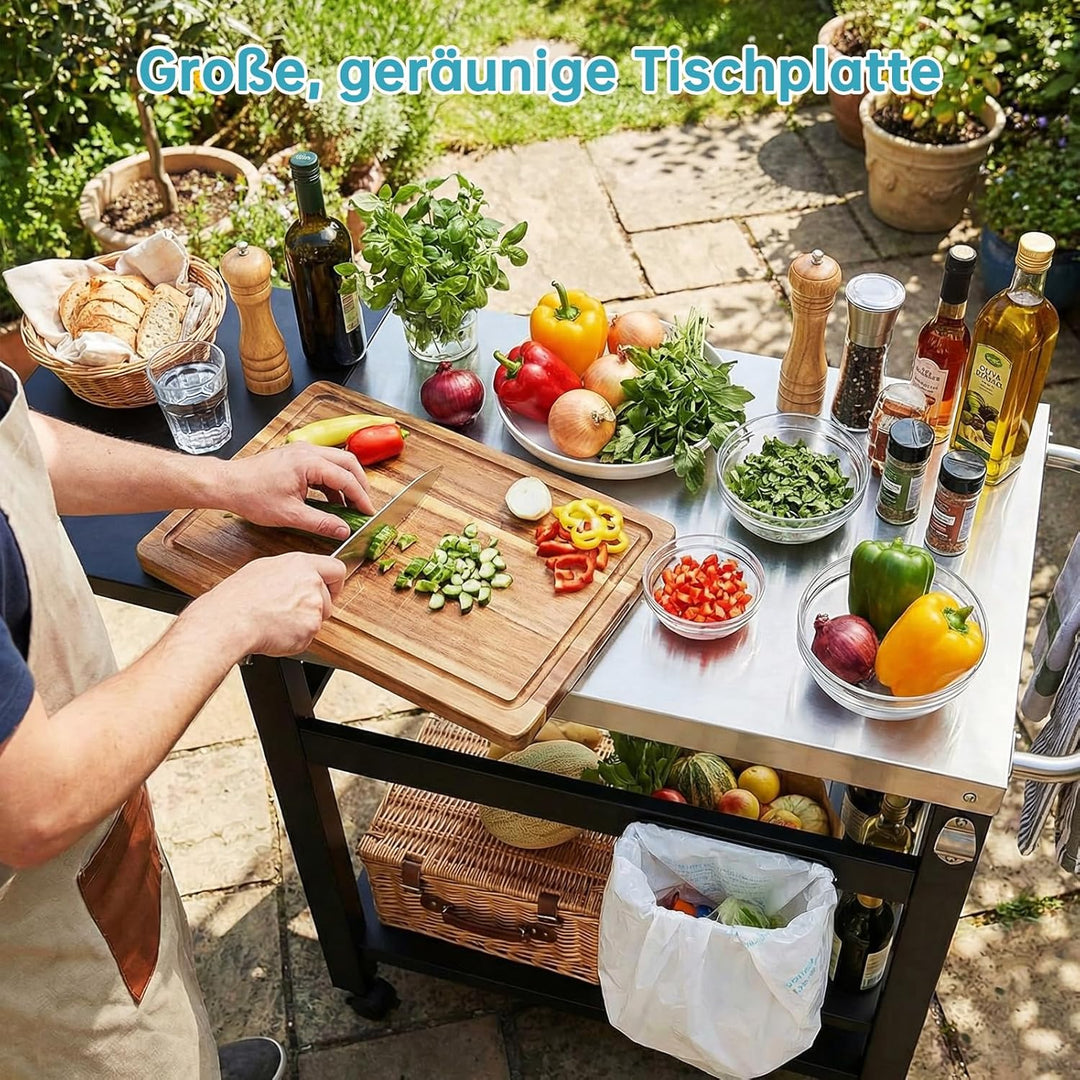 LIFERUN Grillwagen mit Klappbarem Beistelltisch, Robuster Grilltisch mit Edelstahl Tischplatte, 2-Eb