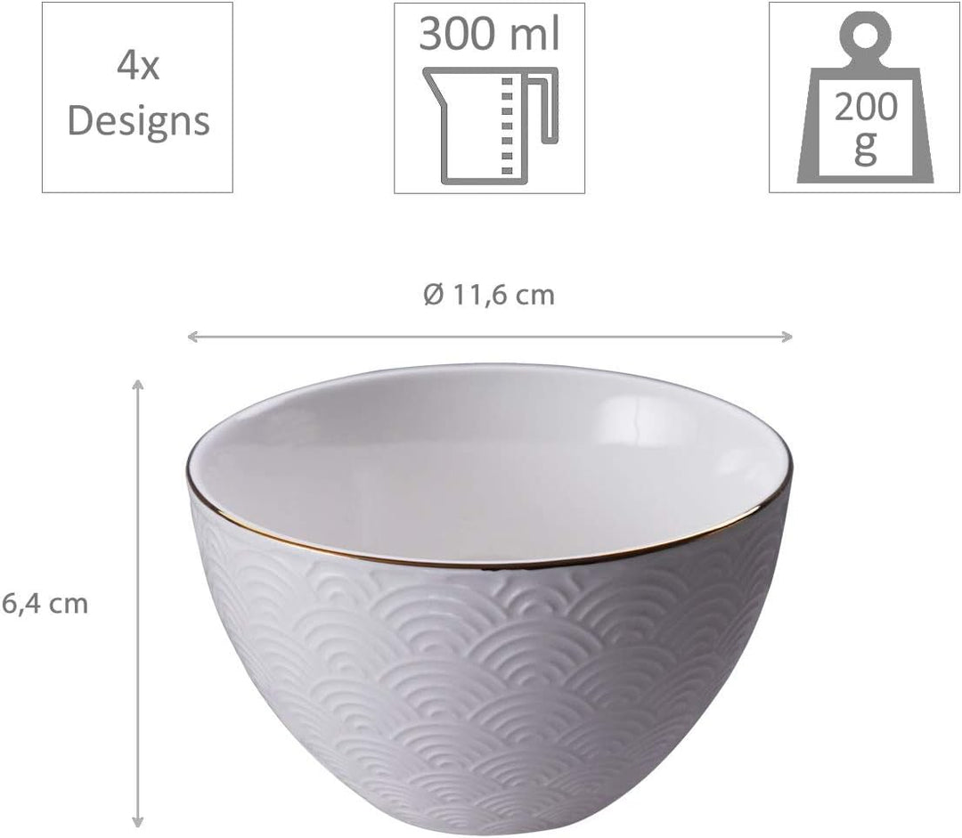 TOKYO design studio Nippon White 4-er Schalen-Set weiss, mit Gold-Rand, Ø 11,6 cm, 6,4 cm hoch, ca.