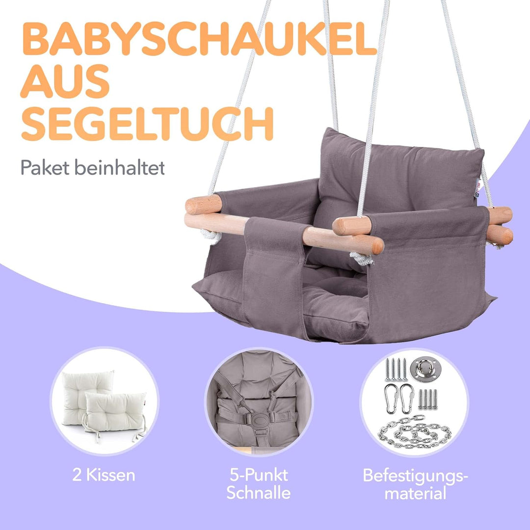 Cateam Canvas Babyschaukel Blau - Hängesessel aus Holz für Baby mit Sicherheitsgurt und Montageteile