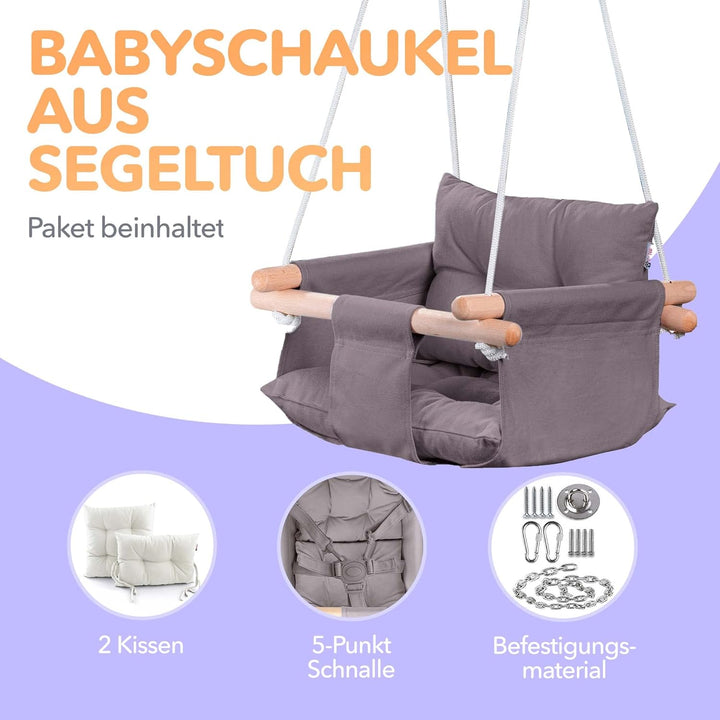 Cateam Canvas Babyschaukel Blau - Hängesessel aus Holz für Baby mit Sicherheitsgurt und Montageteile