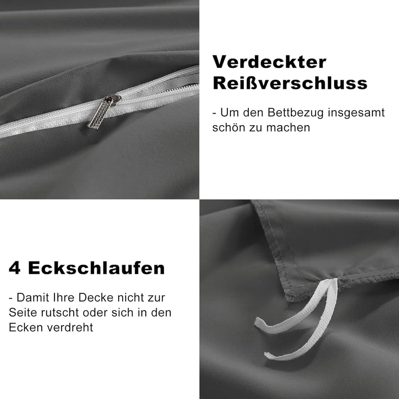 WAVVE Bettwäsche 200x200 3 teilig Anthrazit - Bettbezug 200 x 200 Set mit Kissenbezüge 80x80 cm, Bet